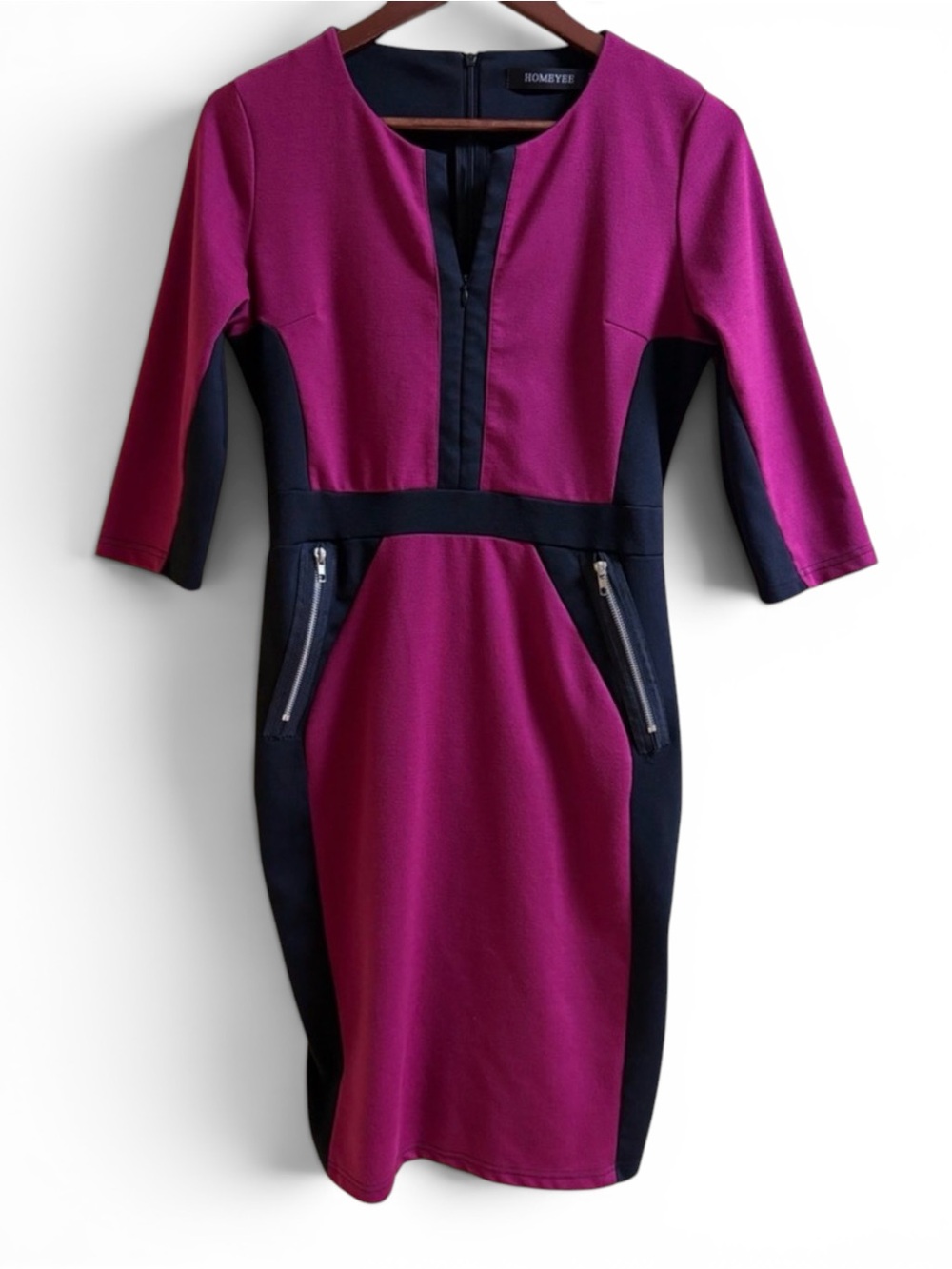 Homeyee Dress Magenta + Black Lines Zippers Bodycon Size 8 EUC